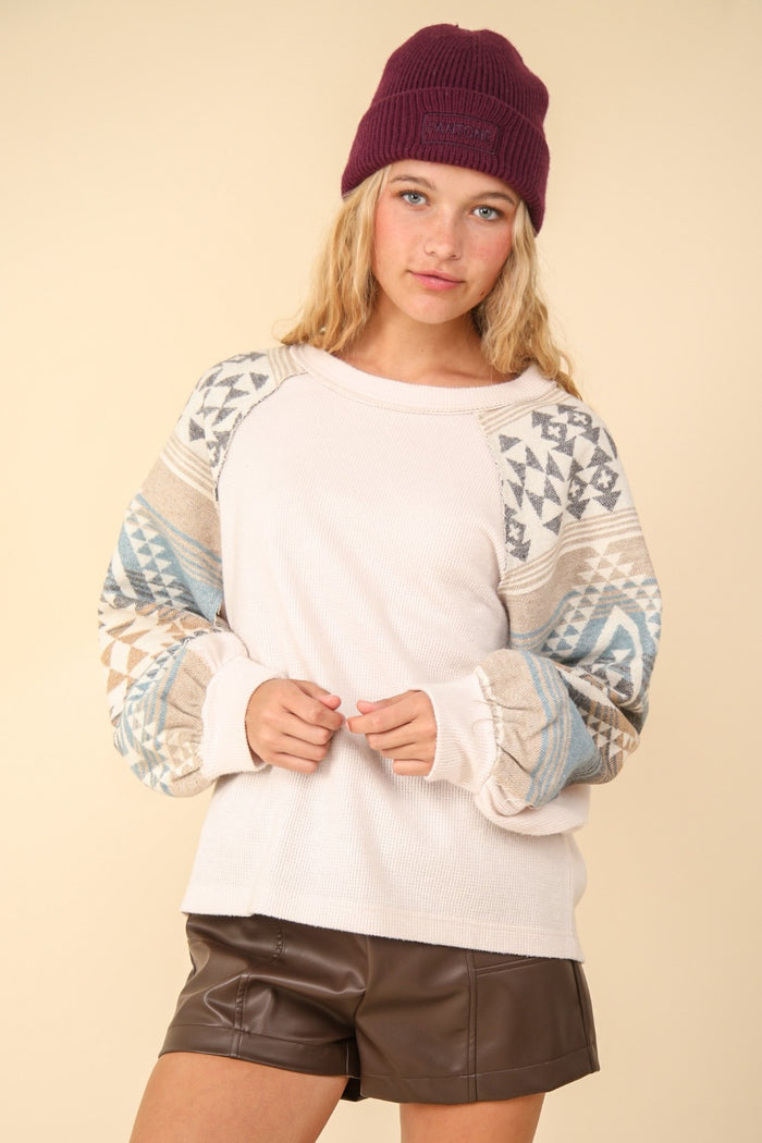 VERY J Printed Long Sleeve Round Neck Knit Top - Brittney MADE