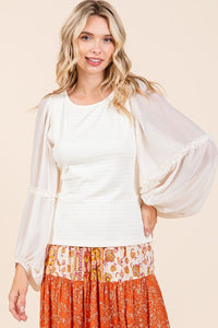 Mittoshop Mixed Media Textured Knit Chiffon Long Sleeve Top - Brittney MADE