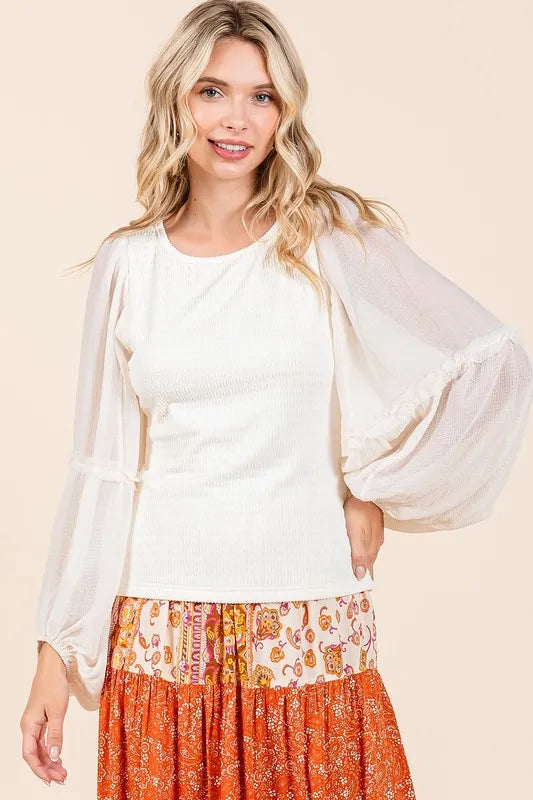 Mittoshop Mixed Media Textured Knit Chiffon Long Sleeve Top - Brittney MADE