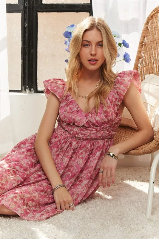 ADORA Watercolor Flower Shirred Tiered Ruffled Dress - Brittney MADE