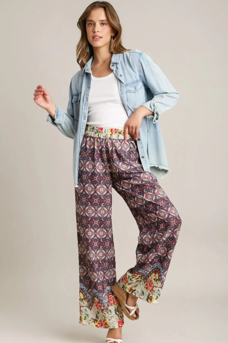 Umgee Full Size Mixed Print Elastic Waistband Pants Plus Size - Brittney MADE