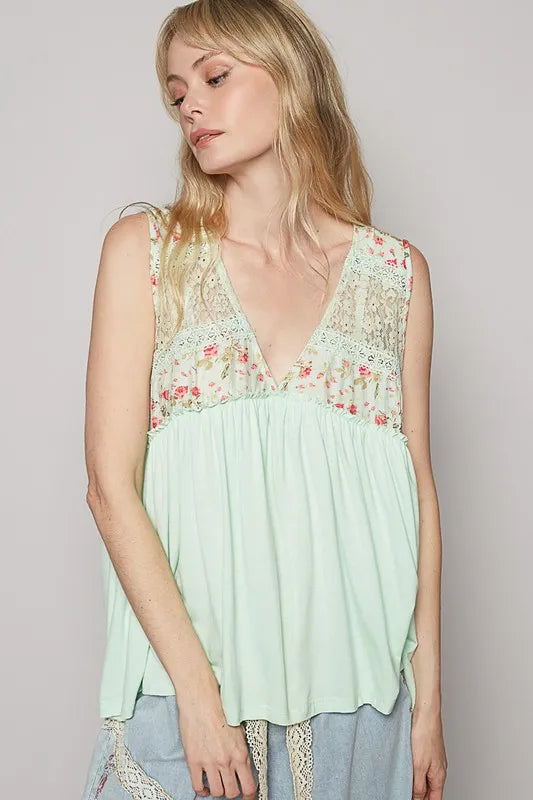 POL Lace Detail Frill Floral V-Neck Sleeveless Top - Brittney MADE