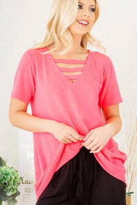 Heimish Full Size V-Neck Short Sleeve T-Shirt with Bar Detail Plus Size - Brittney MADE