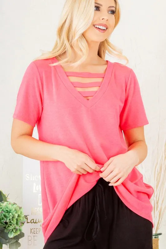 Heimish Full Size V-Neck Short Sleeve T-Shirt with Bar Detail Plus Size - Brittney MADE
