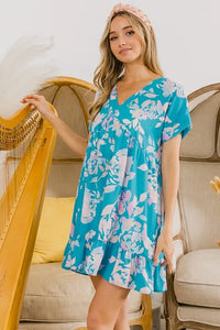 BiBi Floral Crinkle Shirred Ruffle Detail V Neck Dress - Brittney MADE