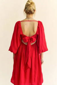 Davi & Dani Solid Textured Fabric Puff Sleeve Tie Back Dress - Brittney MADE