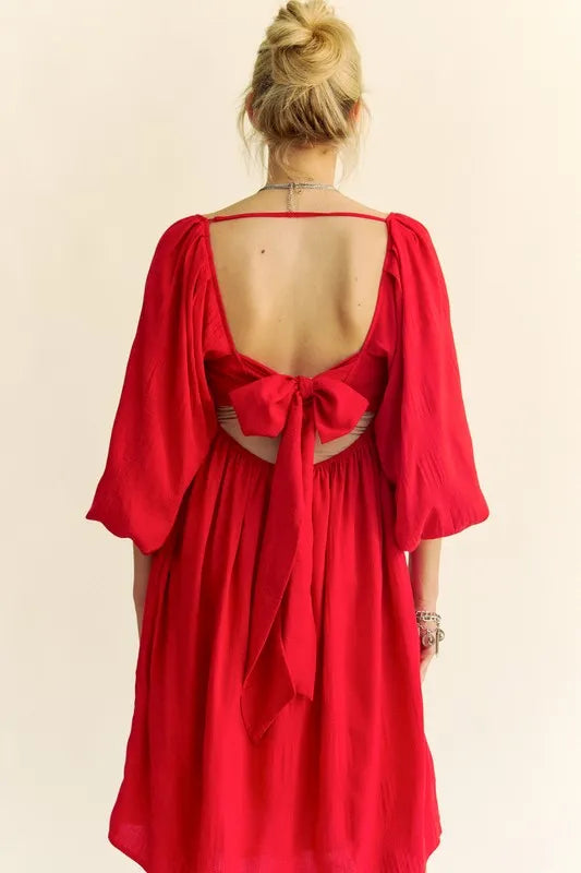 Davi & Dani Solid Textured Fabric Puff Sleeve Tie Back Dress - Brittney MADE