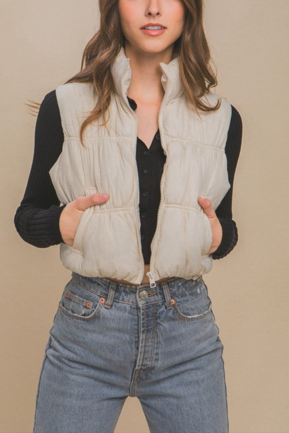 Love Tree Zip Up Turtleneck Cropped Vest Coat - Brittney MADE