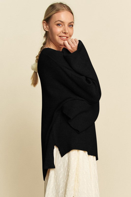 Davi & Dani High-Low Round Neck Drop Shoulder Sweater - Brittney MADE