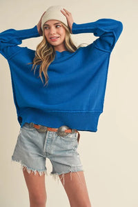 Aemi+Co Ribbed Hem Side Slit Round Neck Sweater - Brittney MADE