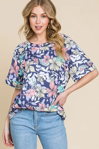 BOMBOM Floral Round Neck Short Sleeve T-Shirt - Brittney MADE