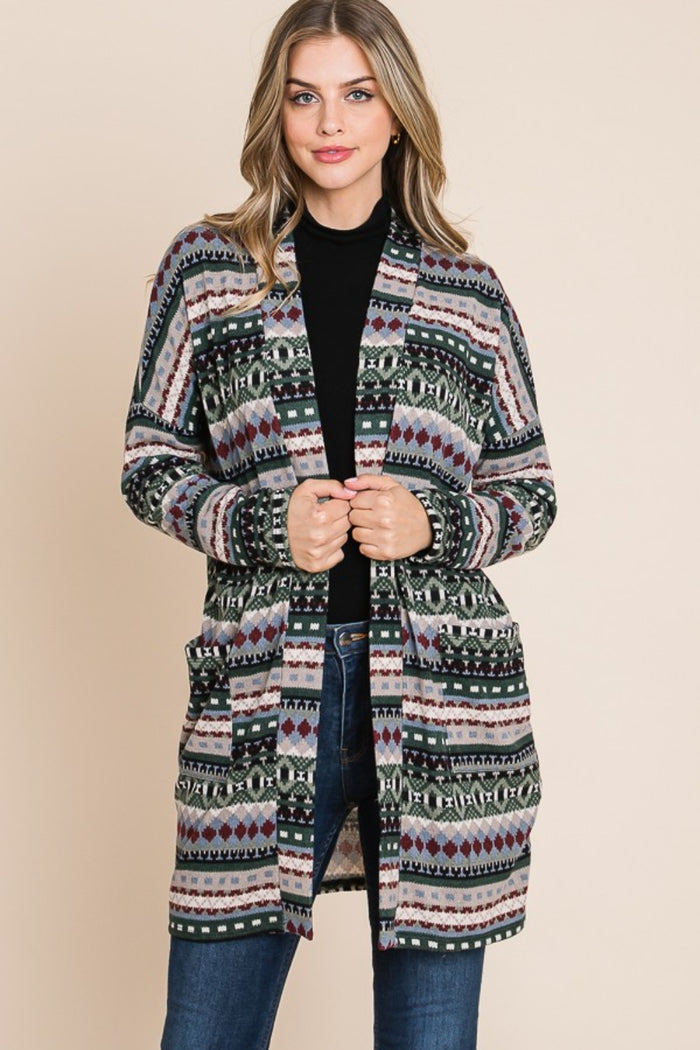 BOMBOM Geometric Open Front Long Sleeve Cardigan with Pockets - Brittney MADE