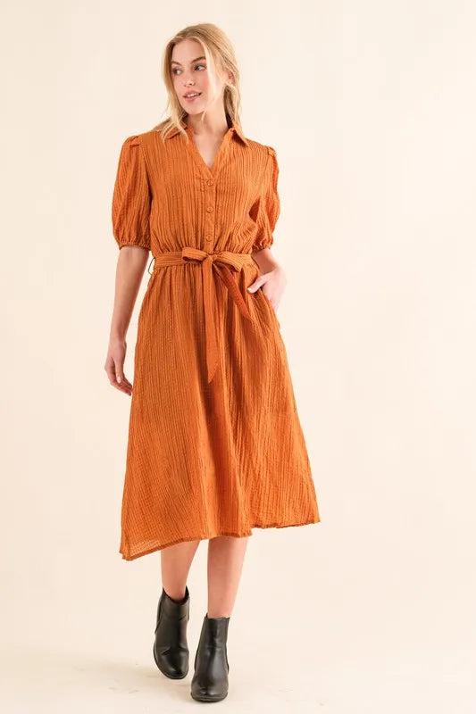 And The Why Waffle Textured Ribbon Waist Midi Dress - Brittney MADE