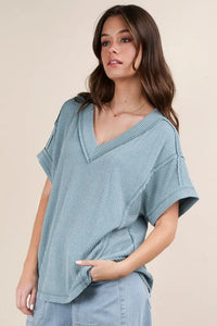 VERY J Full Size Soft Two Tone Casual Comfy Ribbed Knit Top Plus Size - Brittney MADE
