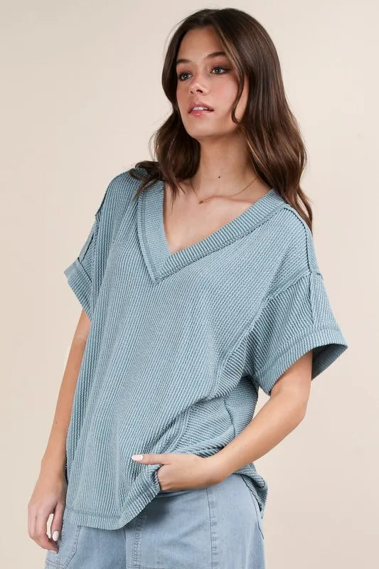 VERY J Full Size Soft Two Tone Casual Comfy Ribbed Knit Top Plus Size - Brittney MADE