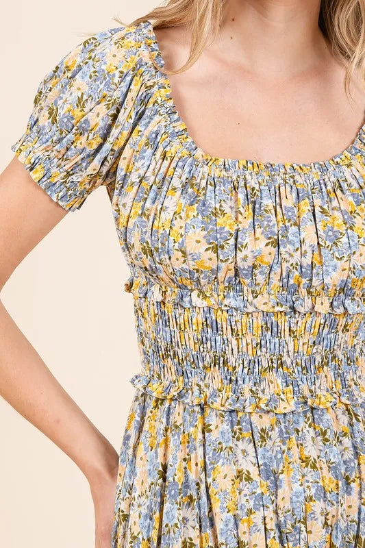 Mittoshop Flower Print Puff Sleeve Gathered Maxi Dress - Brittney MADE
