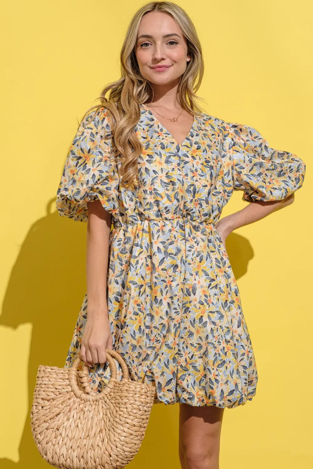 And The Why Full Size Floral Surplice Puff Sleeve Dress - Brittney MADE
