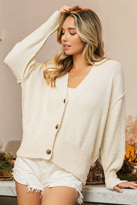 BiBi V-Neck Button Up Dropped Shoulder Cardigan - Brittney MADE