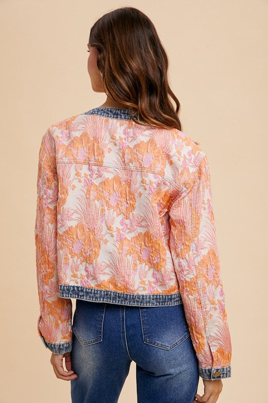 Annie Wear Floral Jacquard Denim Contrast Button Down Jacket - Brittney MADE