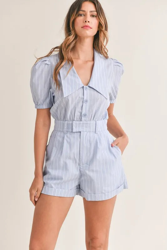 MABLE Striped Puff Sleeve Collared Neck Romper - Brittney MADE