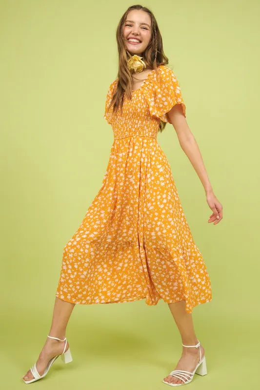 Mittoshop Flower Print Flutter Sleeve Smocked Midi Dress - Brittney MADE