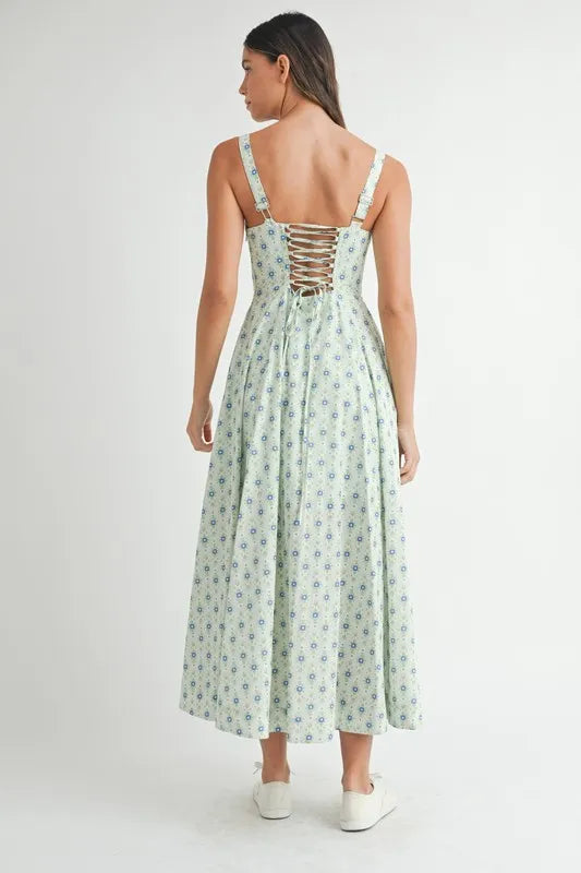 MABLE Floral Print Bustier Back Lace Up Midi Dress - Brittney MADE