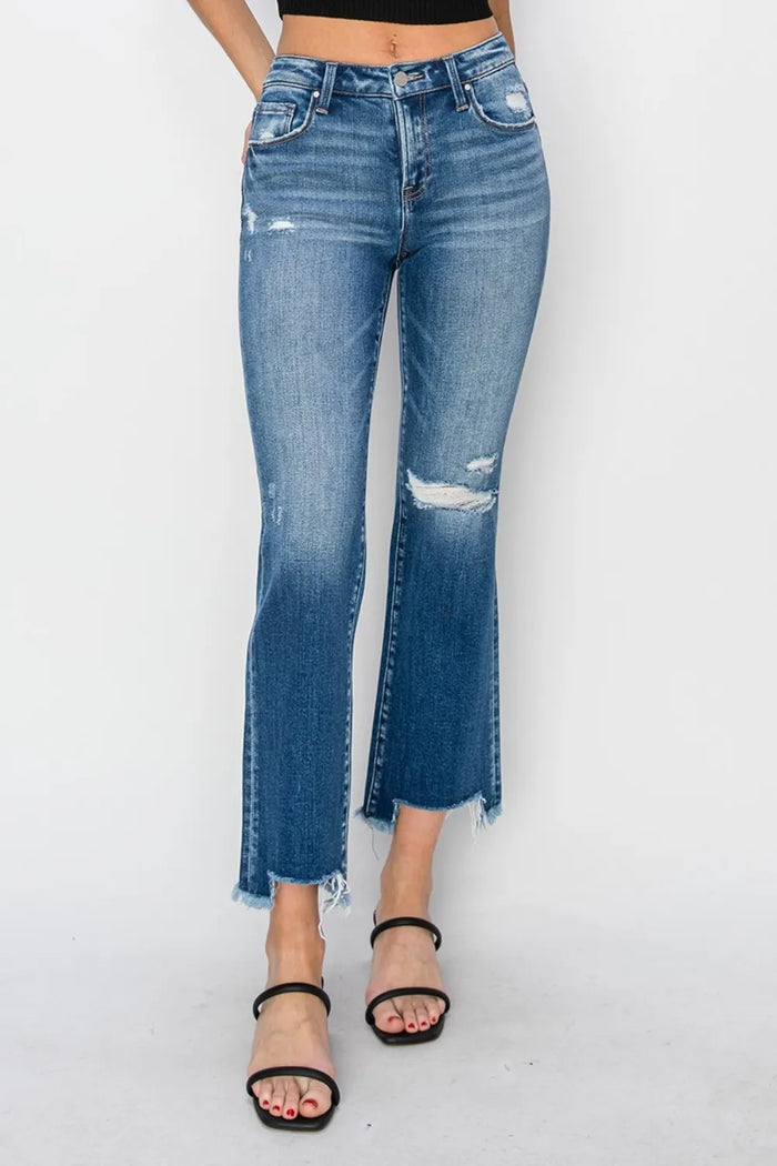 RISEN Full Size Frayed Step Hem Ankle Straight Jeans - Brittney MADE