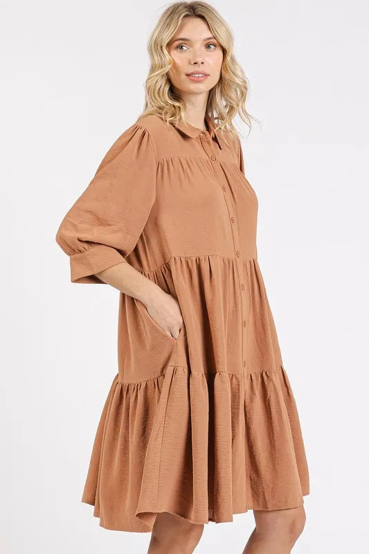 Mittoshop Button Detail Collared Neck Tiered Shirt Dress - Brittney MADE