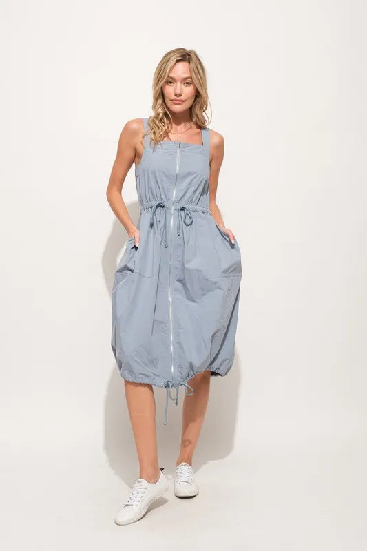 And The Why Front Zipper Overall Dress with String Details - Brittney MADE