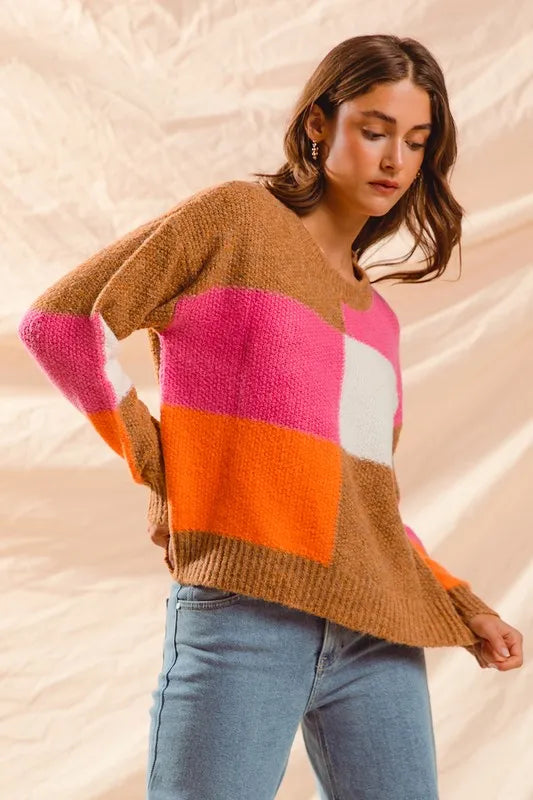 SO ME Multi Color Block Checkered Sweater Top - Brittney MADE