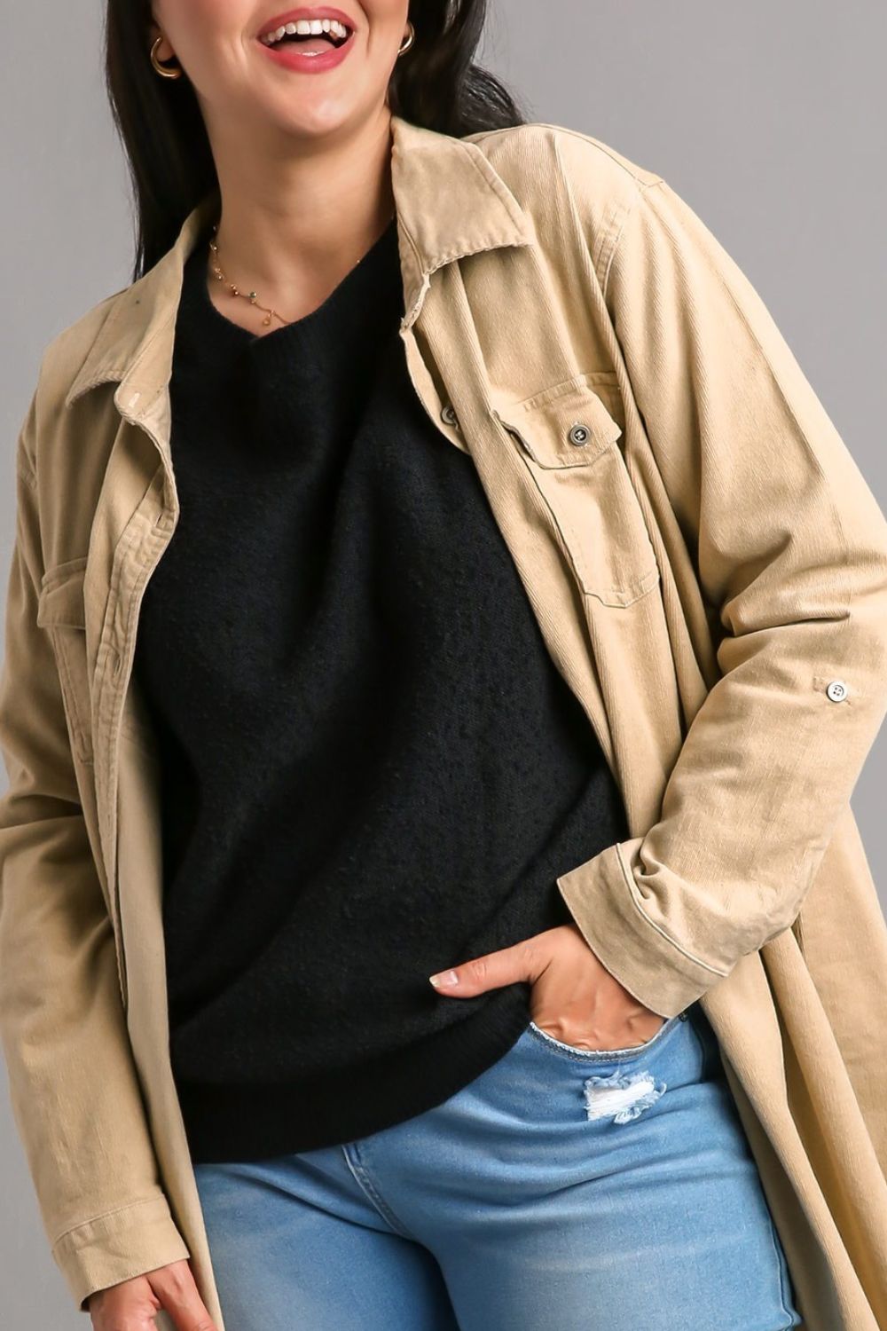 Umgee Full Size Round Neck Long Sleeve Sweater Plus Size - Brittney MADE