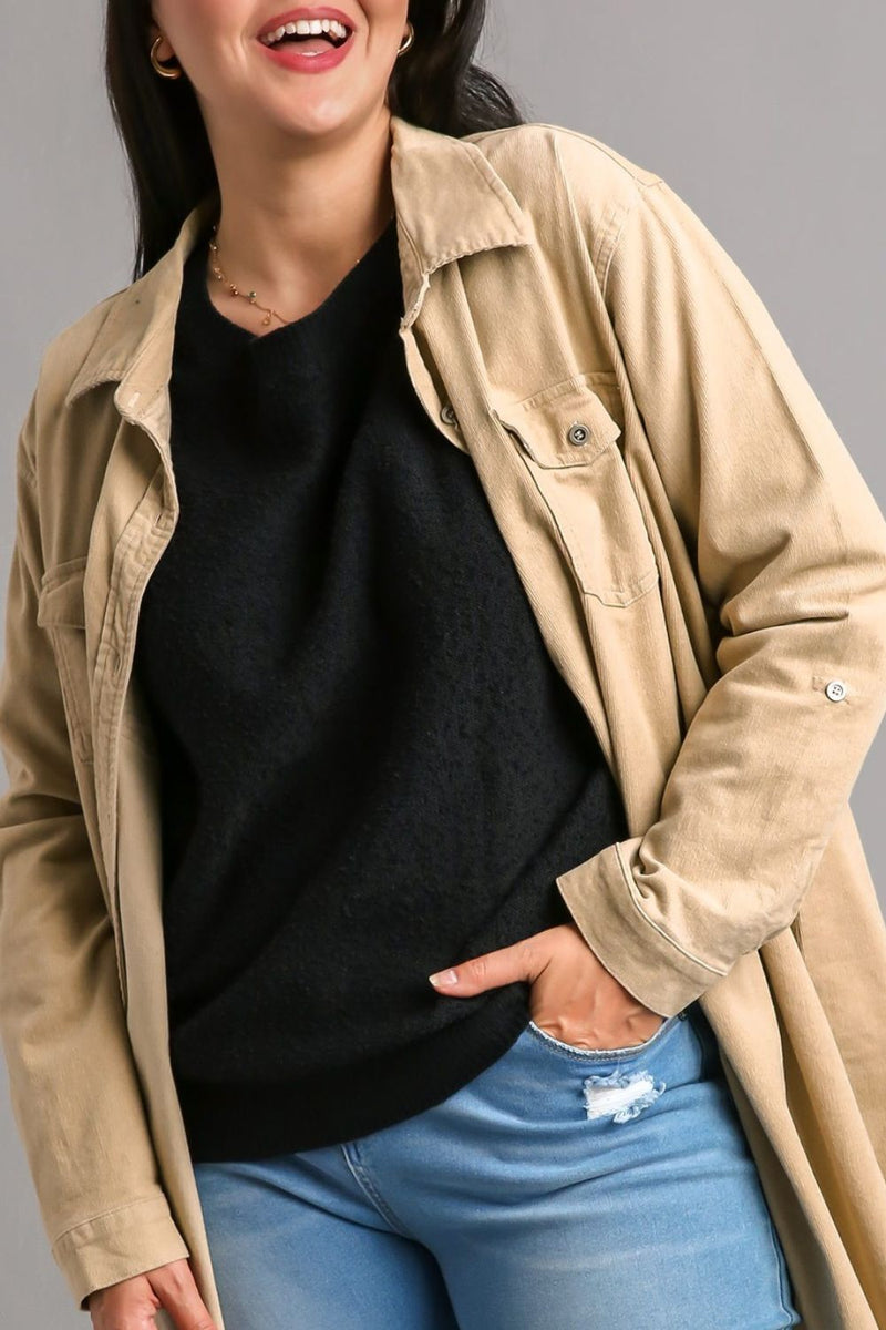 Umgee Full Size Round Neck Long Sleeve Sweater Plus Size - Brittney MADE