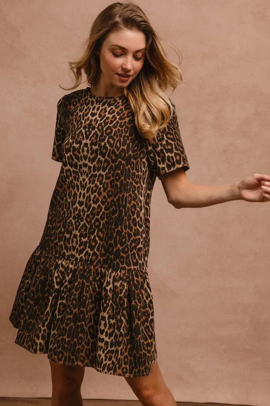 BiBi Tie Back Leopard Round Neck Short Sleeve Dress - Brittney MADE