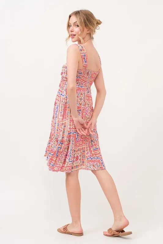 And The Why Tied Front Smocked Back Tiered Boho Printed Dress - Brittney MADE