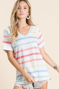 BiBi Striped V-Neck Short Sleeve T-Shirt - Brittney MADE