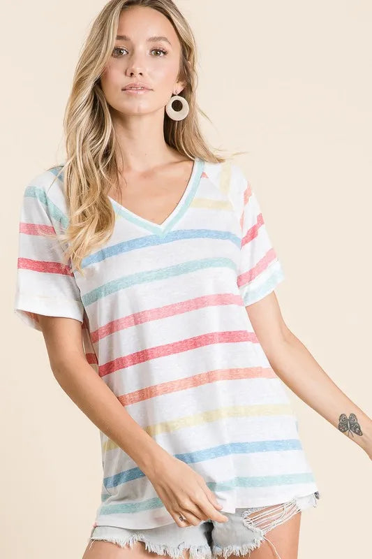 BiBi Striped V-Neck Short Sleeve T-Shirt - Brittney MADE