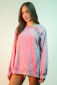 VERY J Plus Size Lace Trim Detail Mineral Washed Knit Top - Brittney MADE