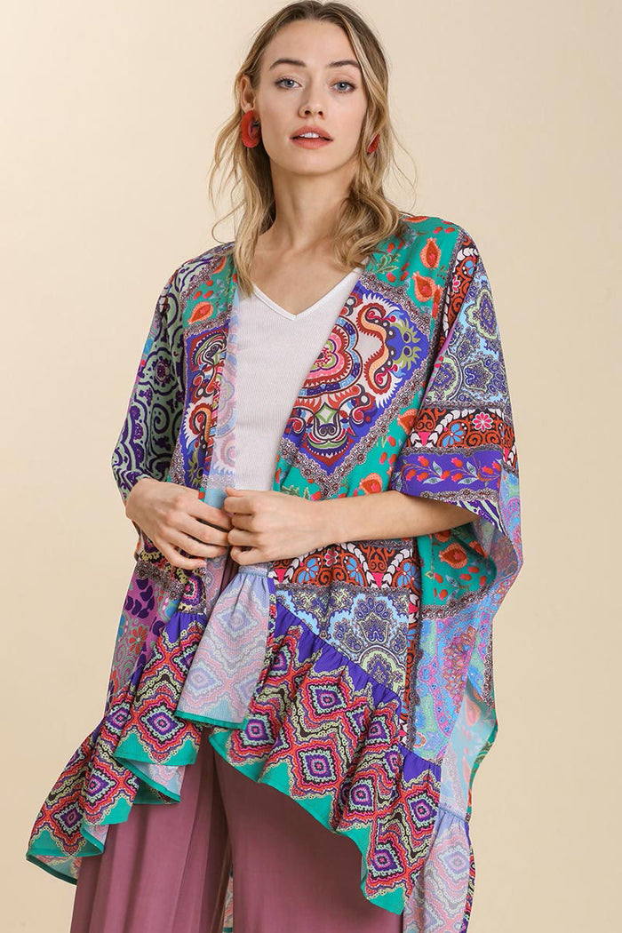 Umgee Full Size Mixed Print Ruffle Hem Open Front Cover Up Plus Size - Brittney MADE