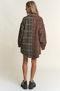 J.NNA Snap Down Tweed Plaid Contrast  Longline Shacket - Brittney MADE