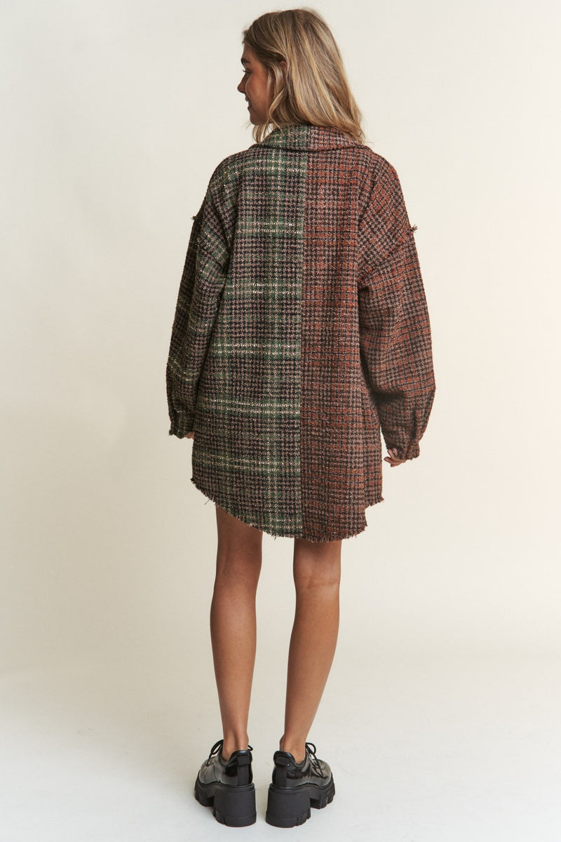 J.NNA Snap Down Tweed Plaid Contrast  Longline Shacket - Brittney MADE