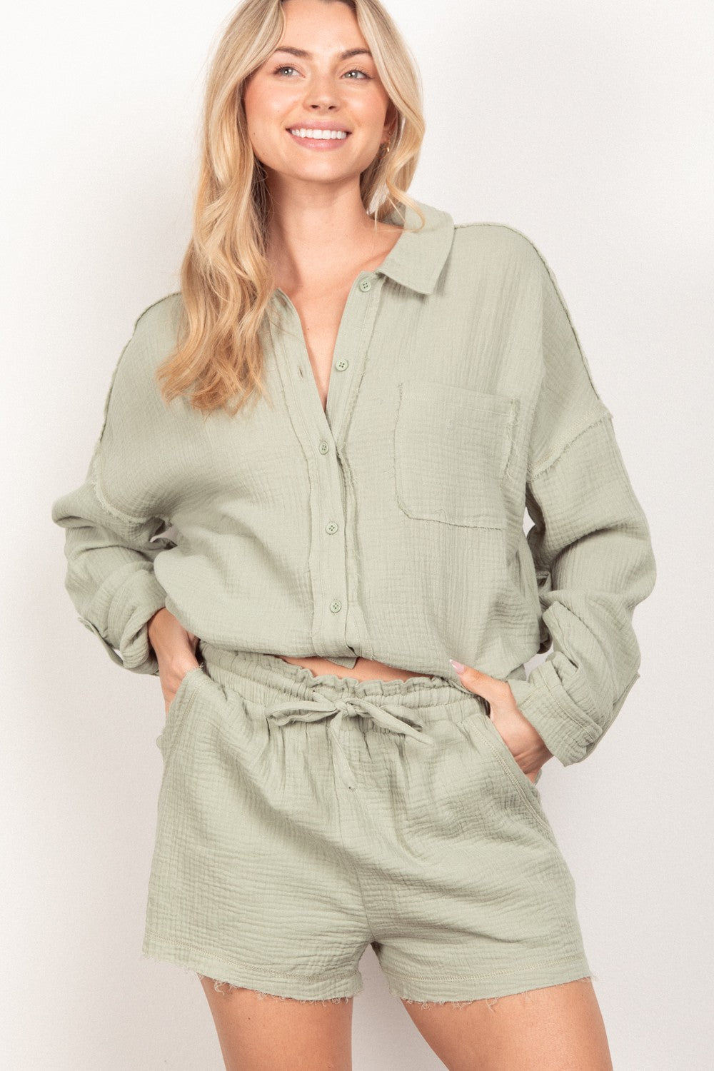 VERY J Texture Button Up Shirt and Shorts Set - Brittney MADE