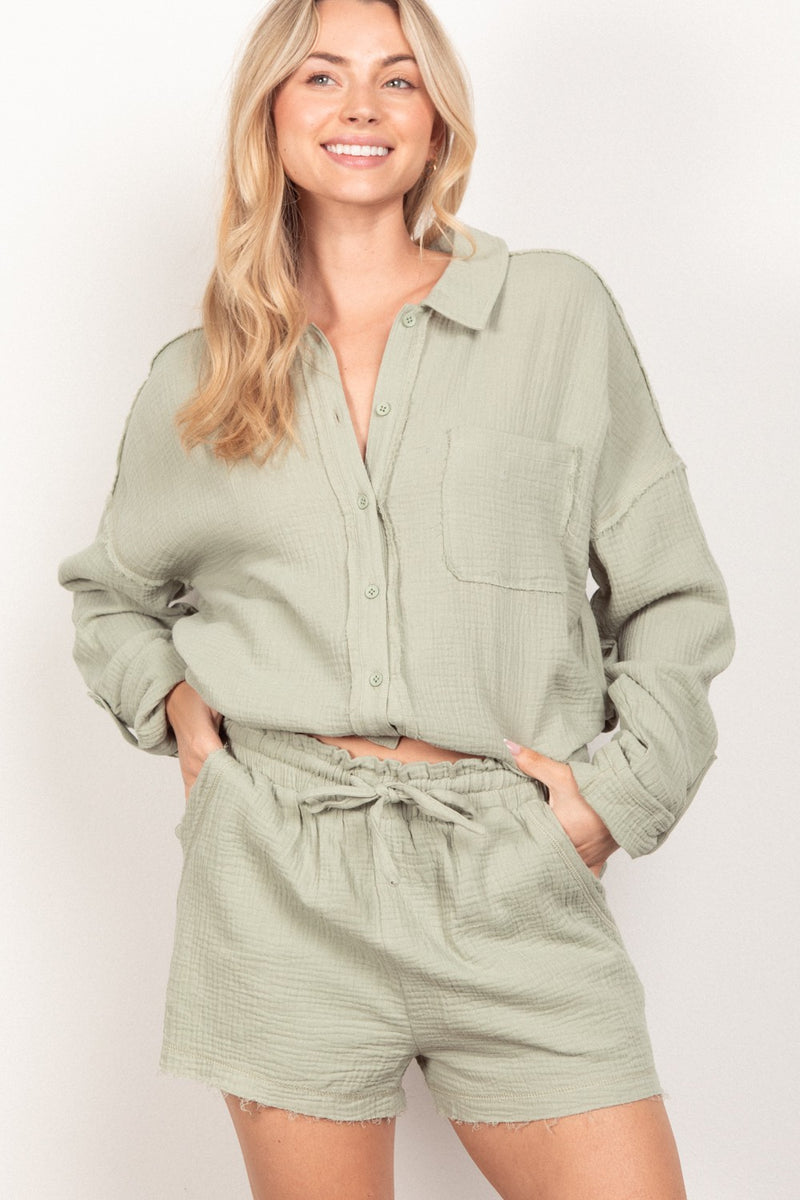 VERY J Texture Button Up Shirt and Shorts Set - Brittney MADE