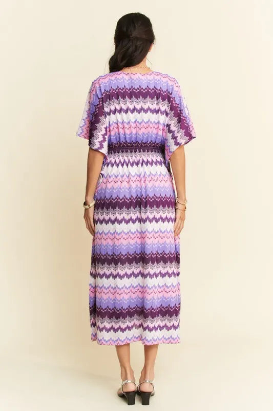 Davi & Dani Multi Color Wavy Tie Waist Flowy Sleeve Dress - Brittney MADE