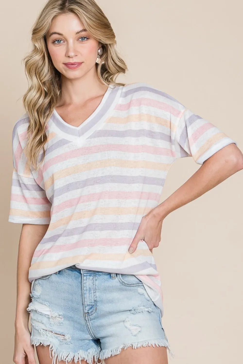 BOMBOM Striped V-Neck Short Sleeve T-Shirt - Brittney MADE