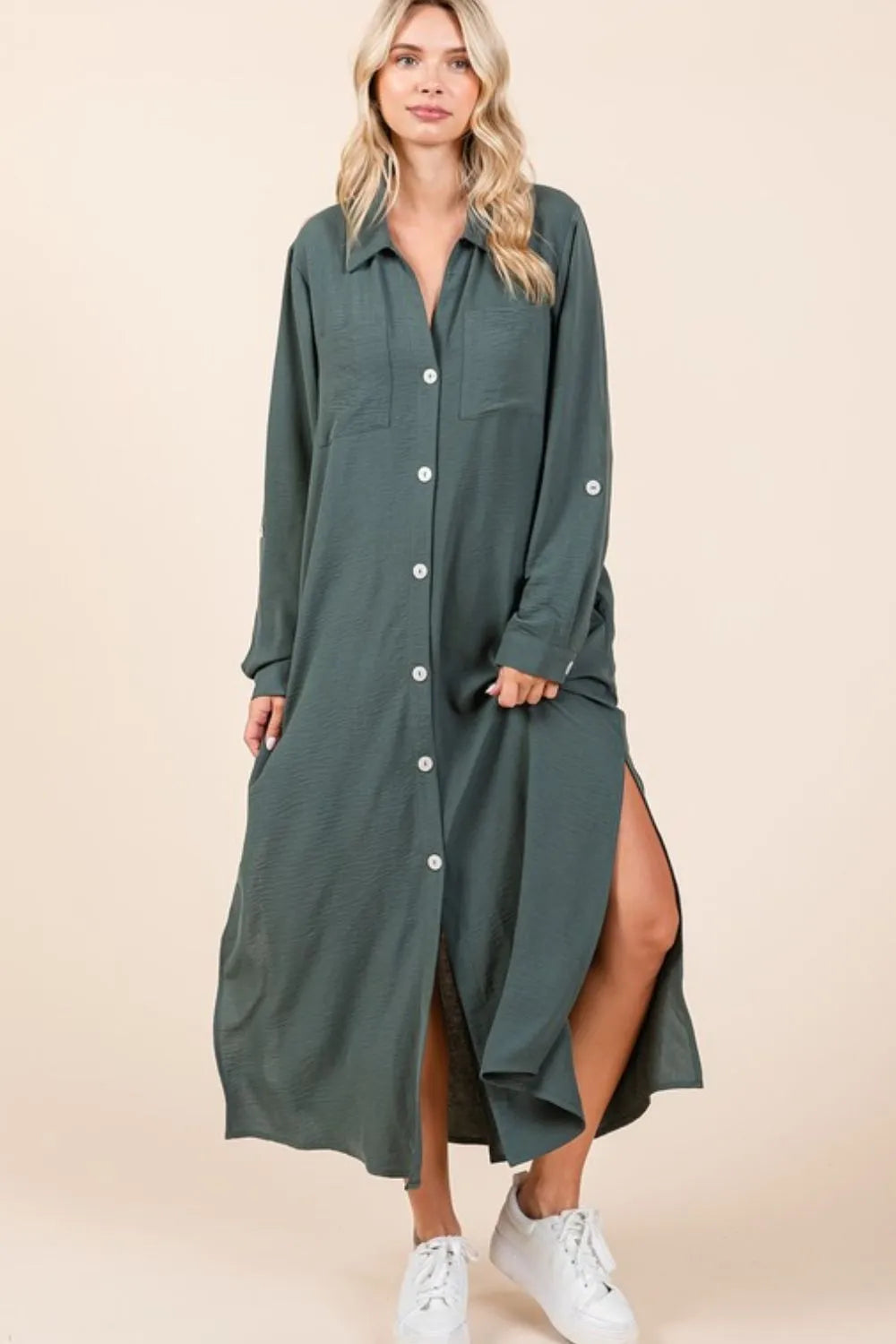 Mittoshop Airflow V-Neck Long Sleeve Button Down Maxi Dress - Brittney MADE