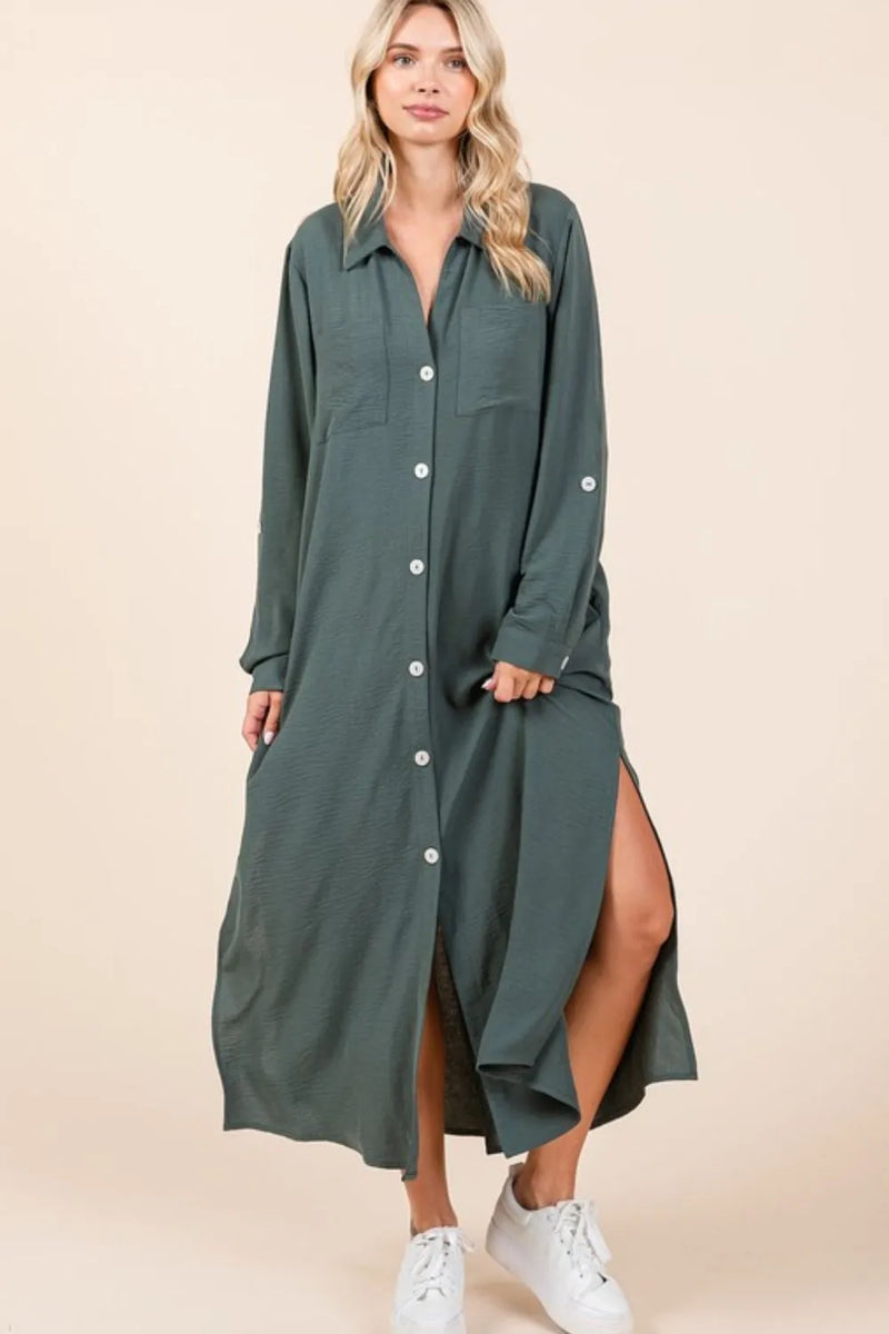 Mittoshop Airflow V-Neck Long Sleeve Button Down Maxi Dress - Brittney MADE