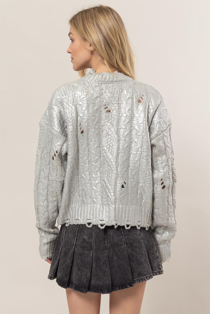 HYFVE Distressed Cable-Knit Round Neck Long Sleeve Sweater - Brittney MADE