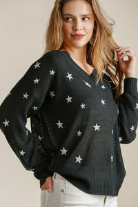 Umgee Full Size Star V-Neck Long Sleeve Sweater Plus Size - Brittney MADE