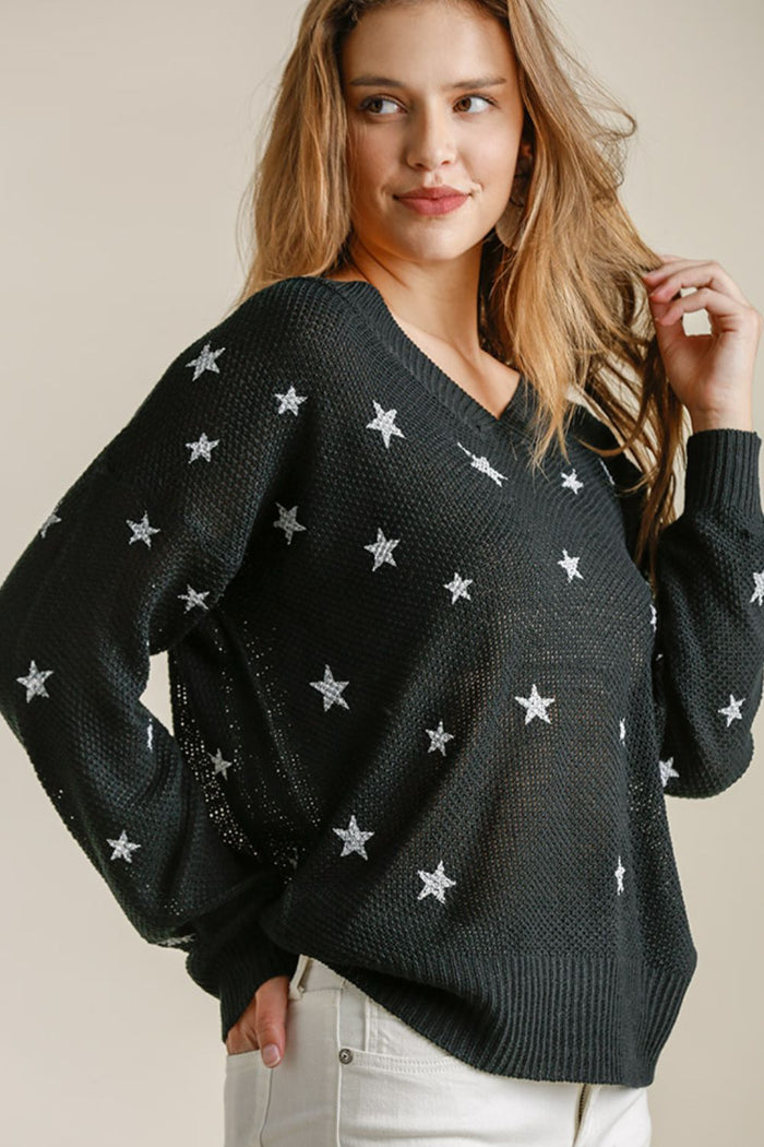 Umgee Full Size Star V-Neck Long Sleeve Sweater Plus Size - Brittney MADE