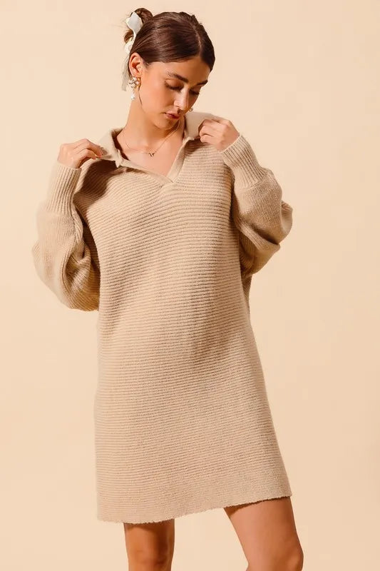 SO ME Ribbed Knit Collar Neck Dress - Brittney MADE